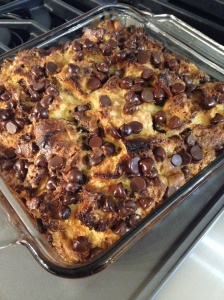When life hands you stale bread, make bread pudding with chocolate chips. Yum!